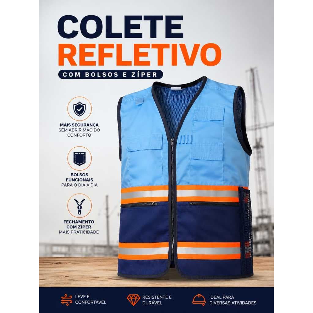 Colete Segurança Refletivo com Porta canetas e Porta Garrafas