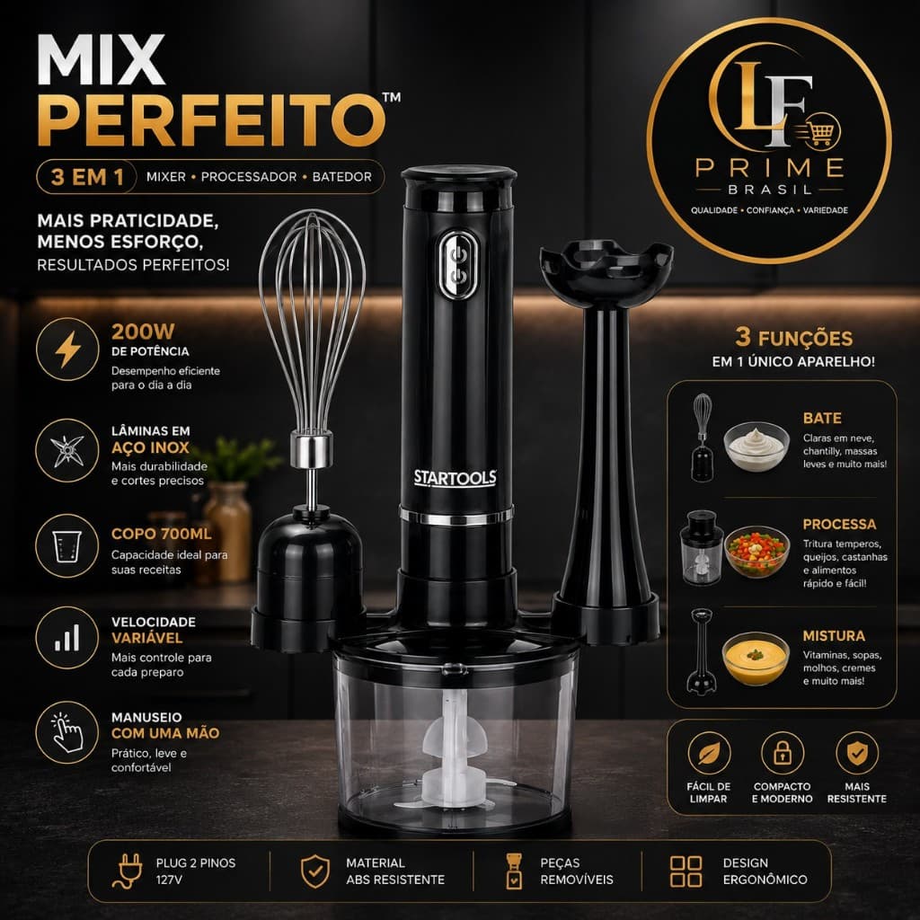 Kit Mixer Triturador 3 em 1 Elétrico Bate Alimentos 127V Ou 220V Processador 200W Inmetro Startools