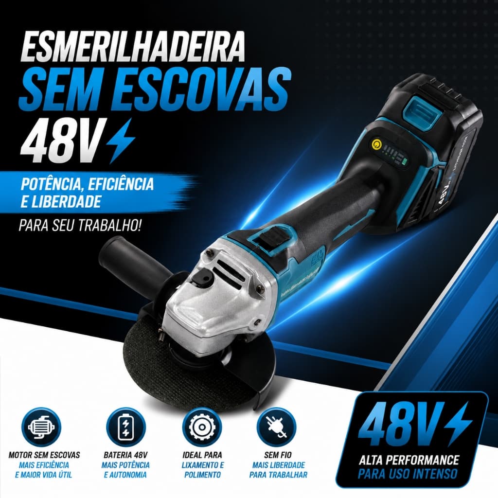 Esmerilhadeira Angular Sem Escova 48V com Duas Baterias | 2 em 1 para Lixar e Polir