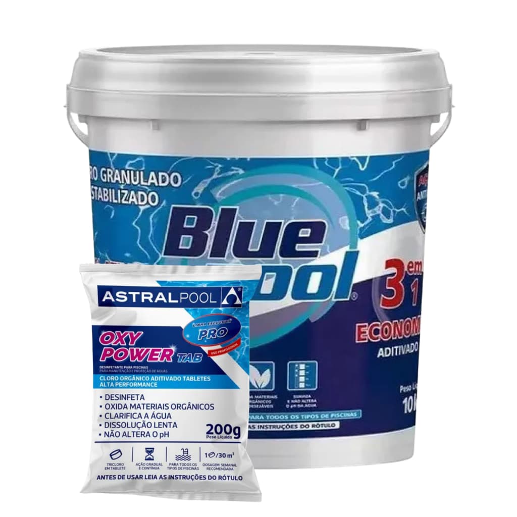Cloro para Piscina Bluepool Balde 10Kg By Fluidra 3 em 1 + 01 Tablete de Cloro 200g Astral Pool