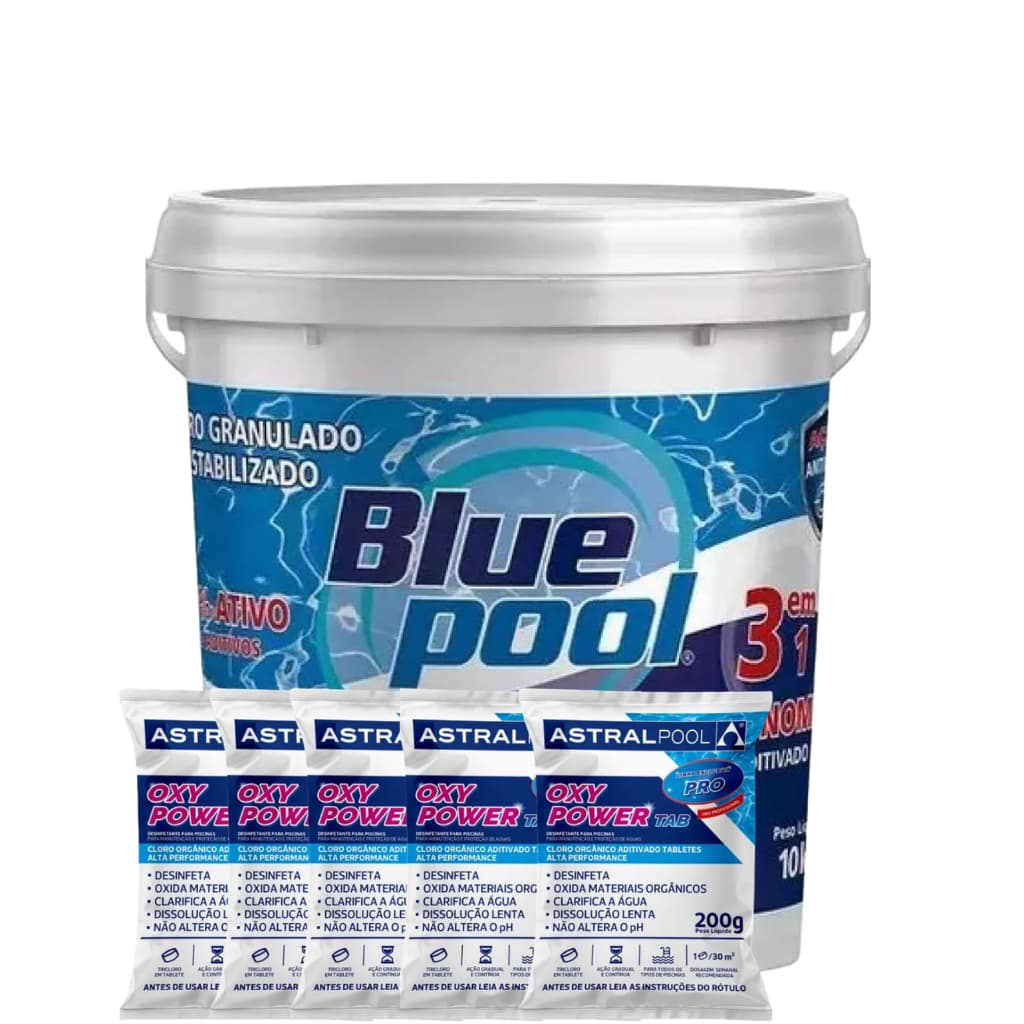 Cloro para Piscina Bluepool Balde 10Kg By Fluidra 3 em 1 + 05 Tablete de Cloro 200g Astral Pool