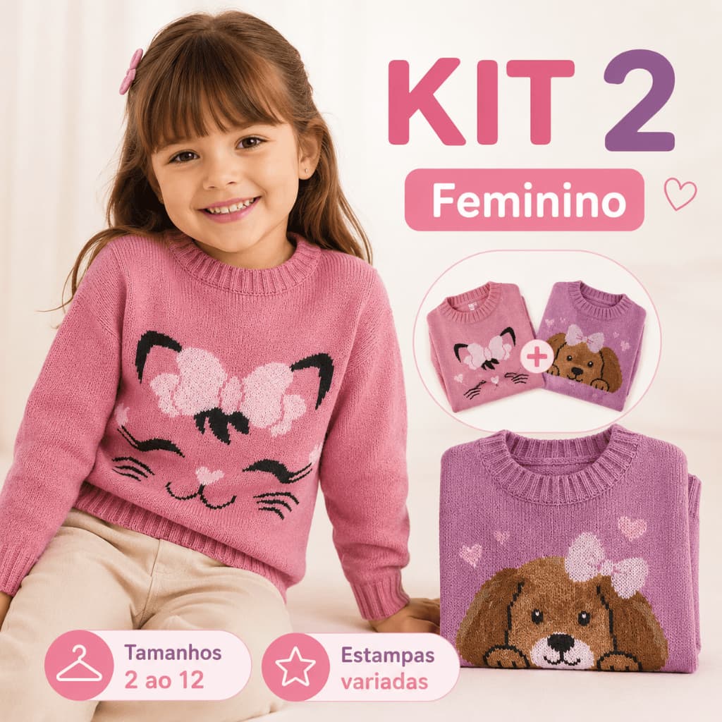 Kit 2 Blusas Infantil Tricô Feminino Masculino Inverno Cores Variadas Estampas Sortidas