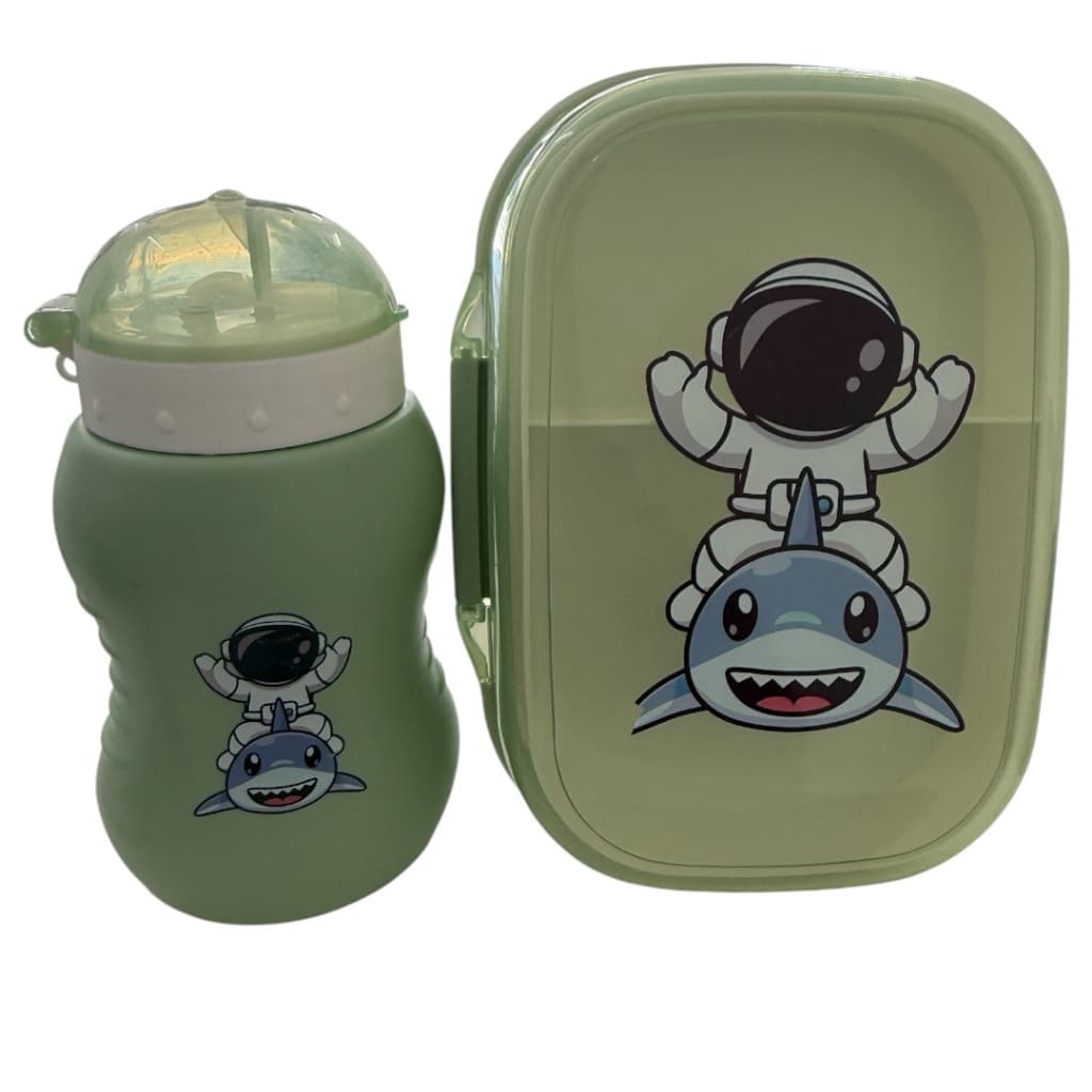 Kit Marmita Infantil com Talheres e Garrafa 500ml Verde Plástico