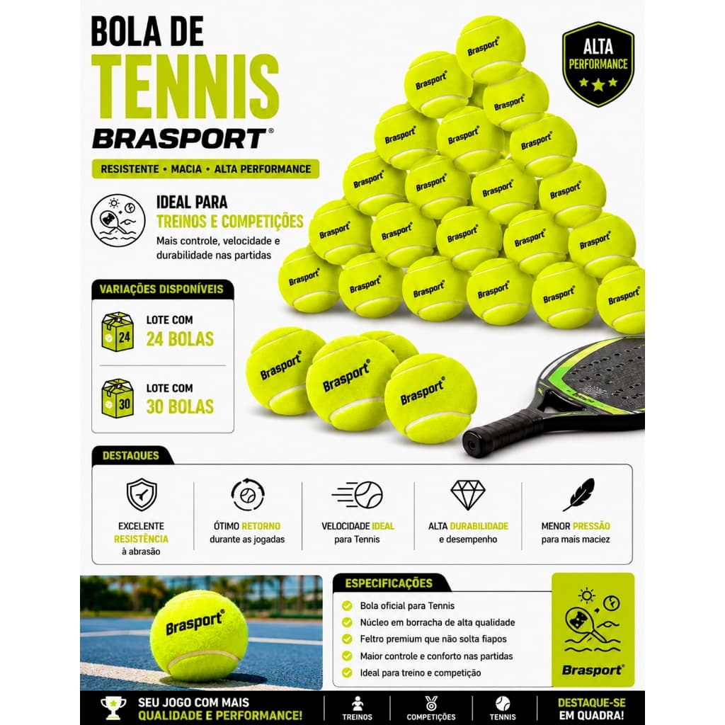 Kit Bolas Tênis Profissional 24 a 30 Unidades Treinamento Esportivo Brinquedo Alta Durabilidade