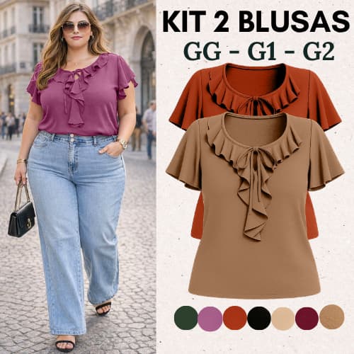 KIT 2 BLUSAS FEMININAS PLUS SIZE BLUSAS BABADO ELEGANTE MODA FEMININA SOLTINHA ESTILOSA DIA A DIA CASUAL BÁSICAS PASSEIO