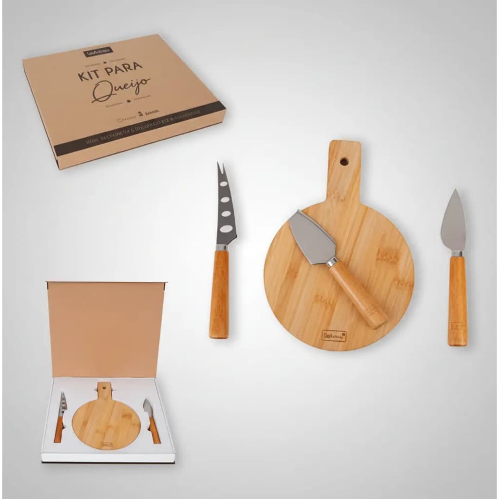 Kit Tábua Queijo Madeira 3 Peças Gourmet Sofisticado