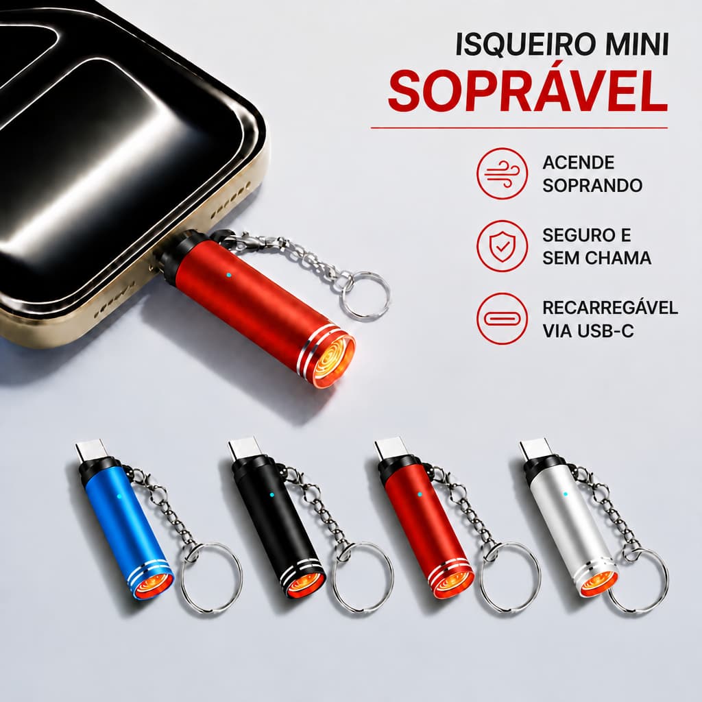 Isqueiro Mini Soprável USB-C Portátil Sem Gás Sem Chaveiro Seguro Viagem Camping