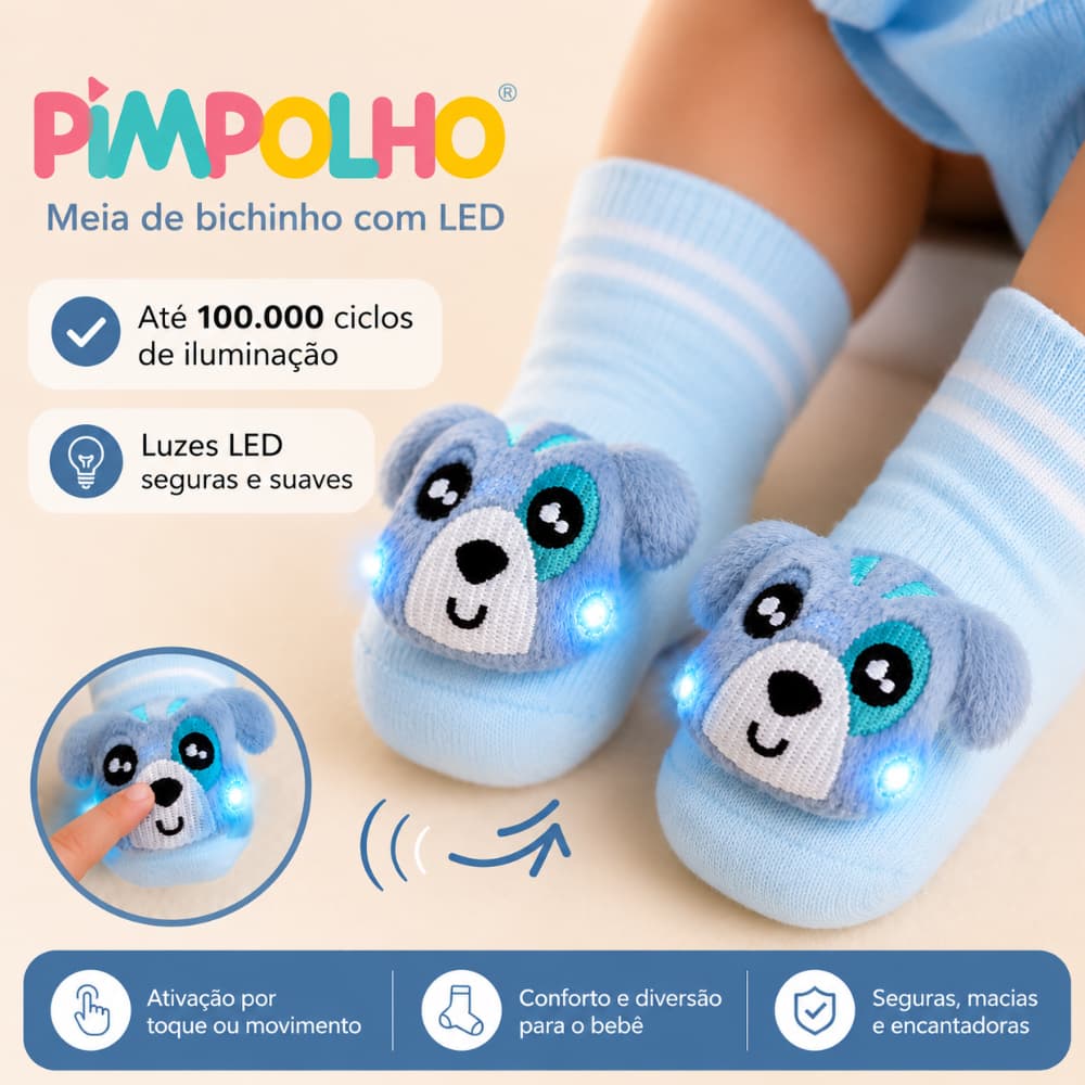 Meia Bebe Bichinho Pelucia Com Led 0 ao 15 Divertida Menina Menino Infantil Algodão Macia Enxoval Pimpolho