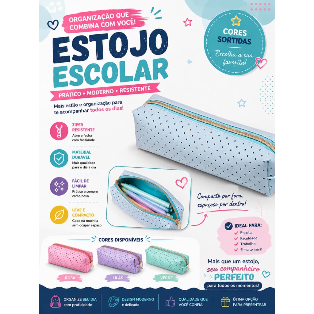 Estojo Escolar Perfurado Azul Pastel Brw