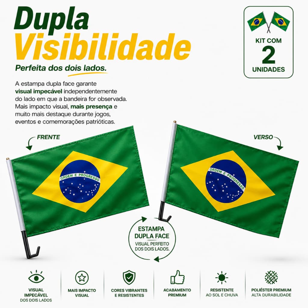 Kit 2 Bandeiras do Brasil para Carro Vidro Janela Torcida Futebol Copa do Mundo Dupla Face Verdeoro Rally™