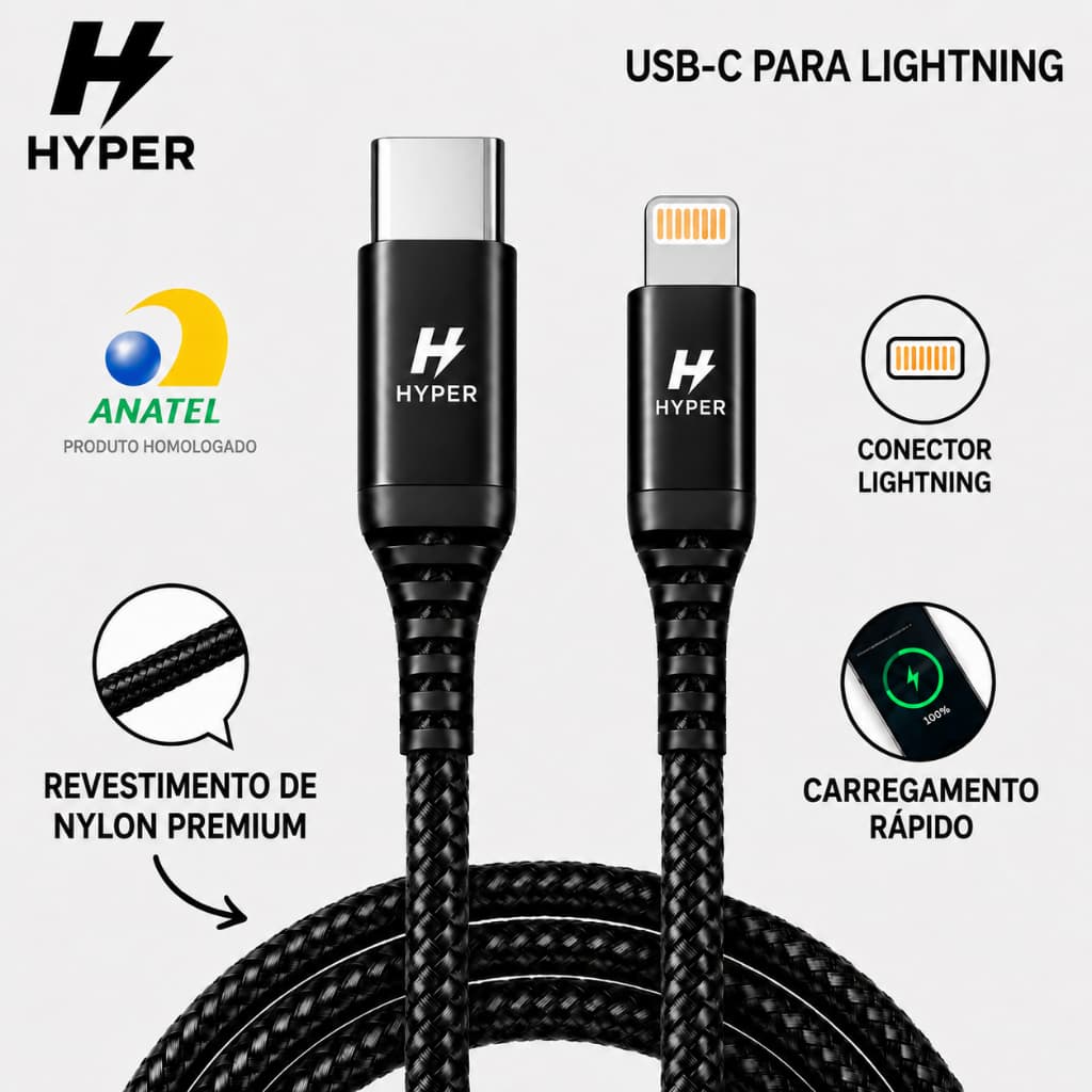Cabo USB-C para Lightning Nylon Standard Carga Rápida para iPhone Hyper — Envio Imediato