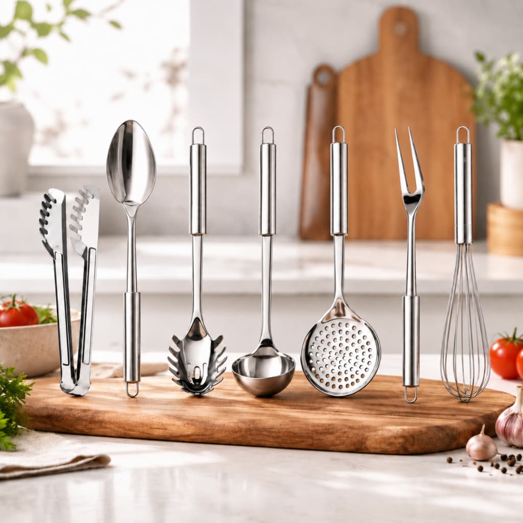 Kit Utensílios de Cozinha 7 100%  Inox Concha Escumadeira Pegador Massa Colher Garfo Fuet e Pegador