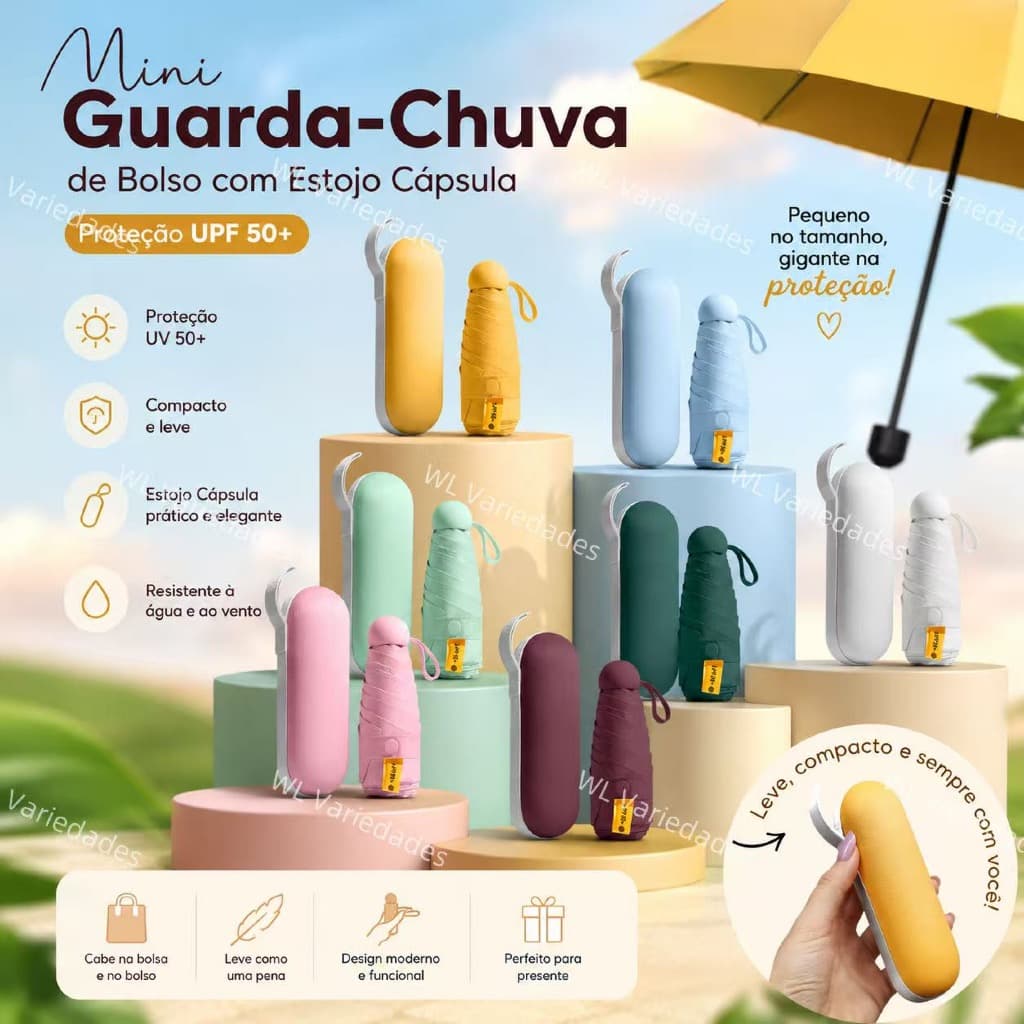 Mini Guarda-Chuva de Bolso com Estojo Cápsula Sombrinha Guarda-chuva 5 dobras Para sol e chuva