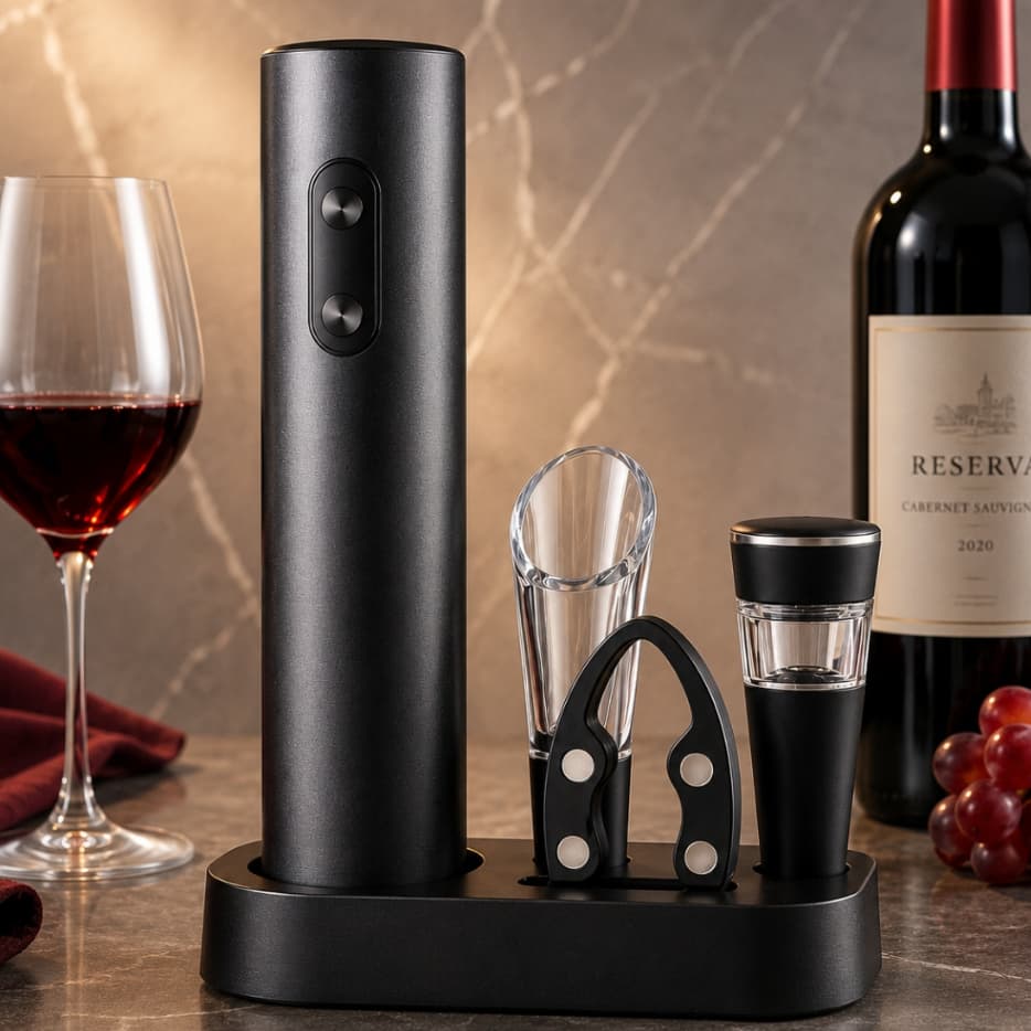 Kit Abridor Elétrico De Vinho Automático A Pilha Saca Rolhas Com Cortador Tampa E Bico Dosador