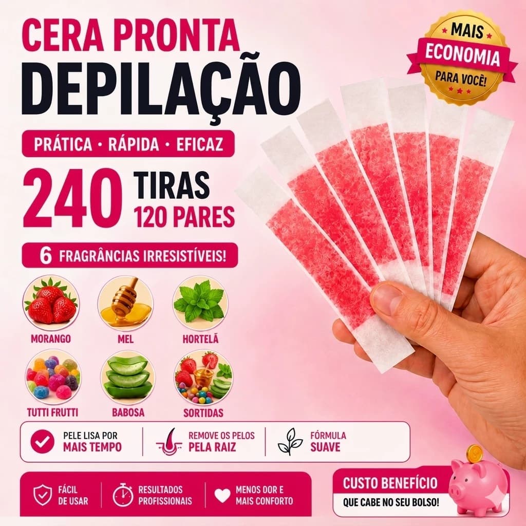 240 tiras (120 pares) de Cera Pronta Morango Natural Mel Hortela Menta Tutti Frutti Babosa Sortidos