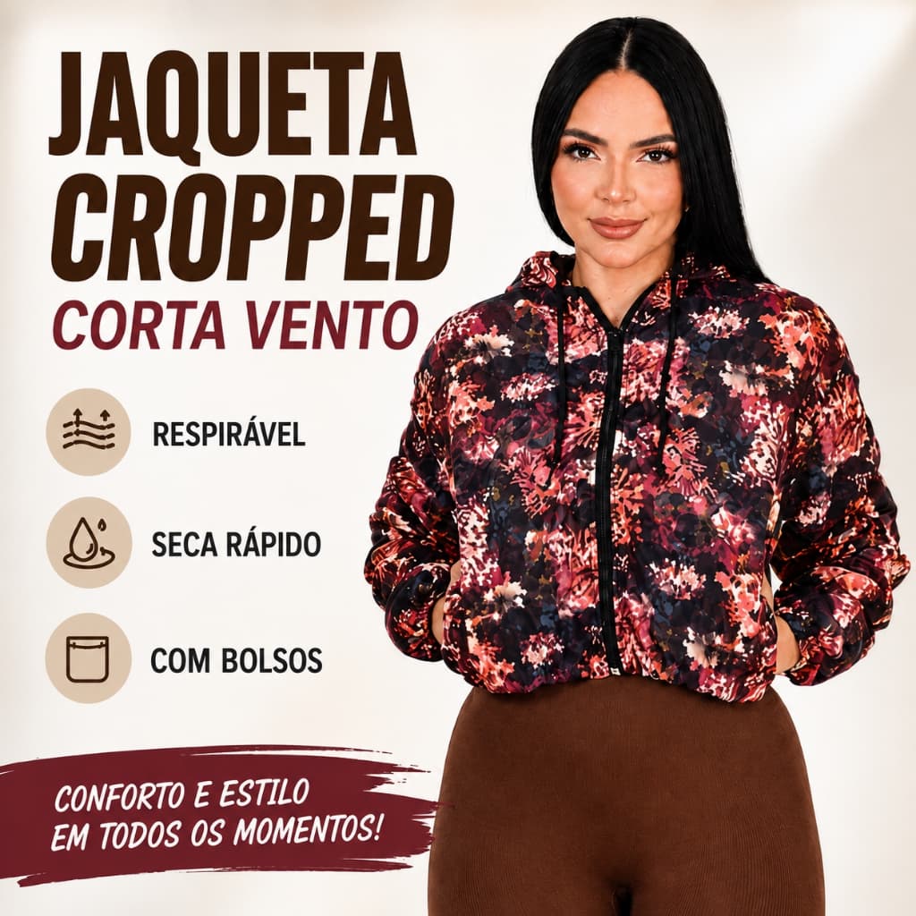 Jaqueta Cropped Corta Vento Feminina Com Capuz Respirável Seca Rápido Com Bolsos Estampada P Ao GG