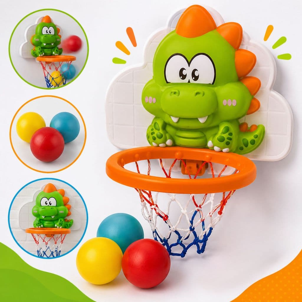 Placa de Basquete Dinossauro Brinquedo Infantil 2 em 1 com 3 Bolas