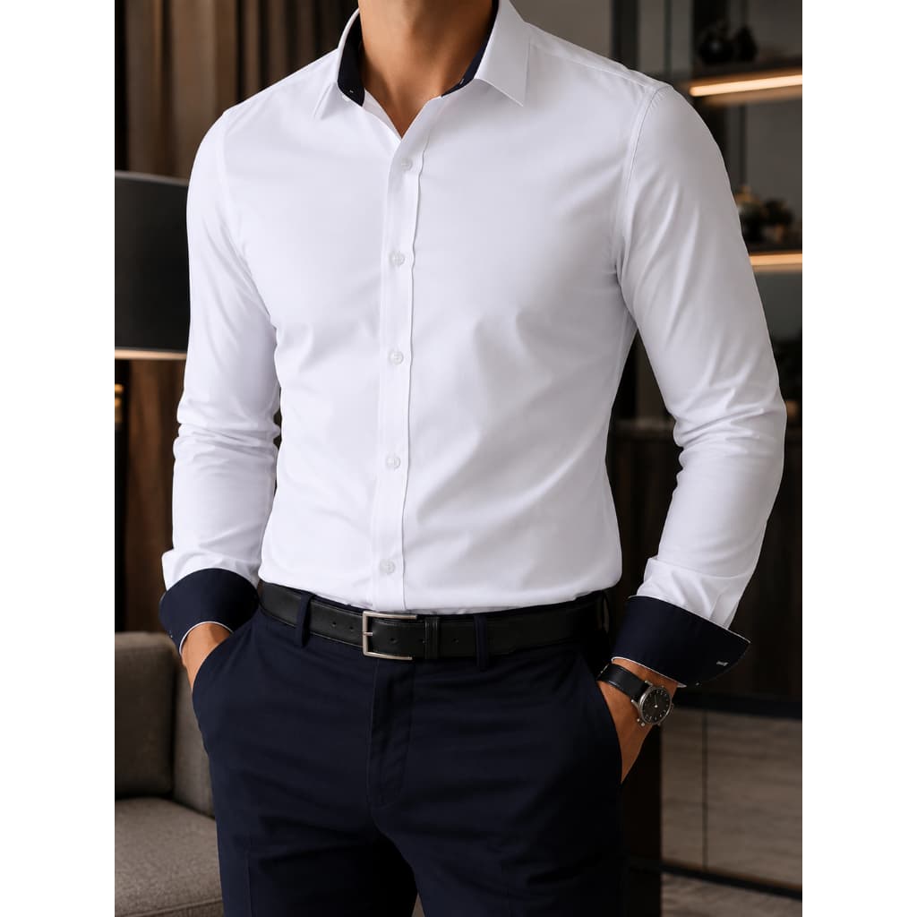 Camisa Social Masculina Slim Fit Manga Longa Fácil de Passar e Lavar, Não Desbota e com Punhos e Gola em Tom Escuro