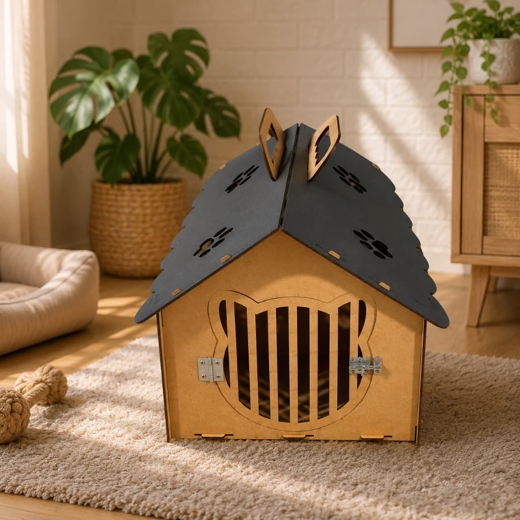 Casinha e Caixa de Transporte para Gato MDF Pet House Artesanal Resistente Leve Segura Confortável Estilosa 43x49x34cm