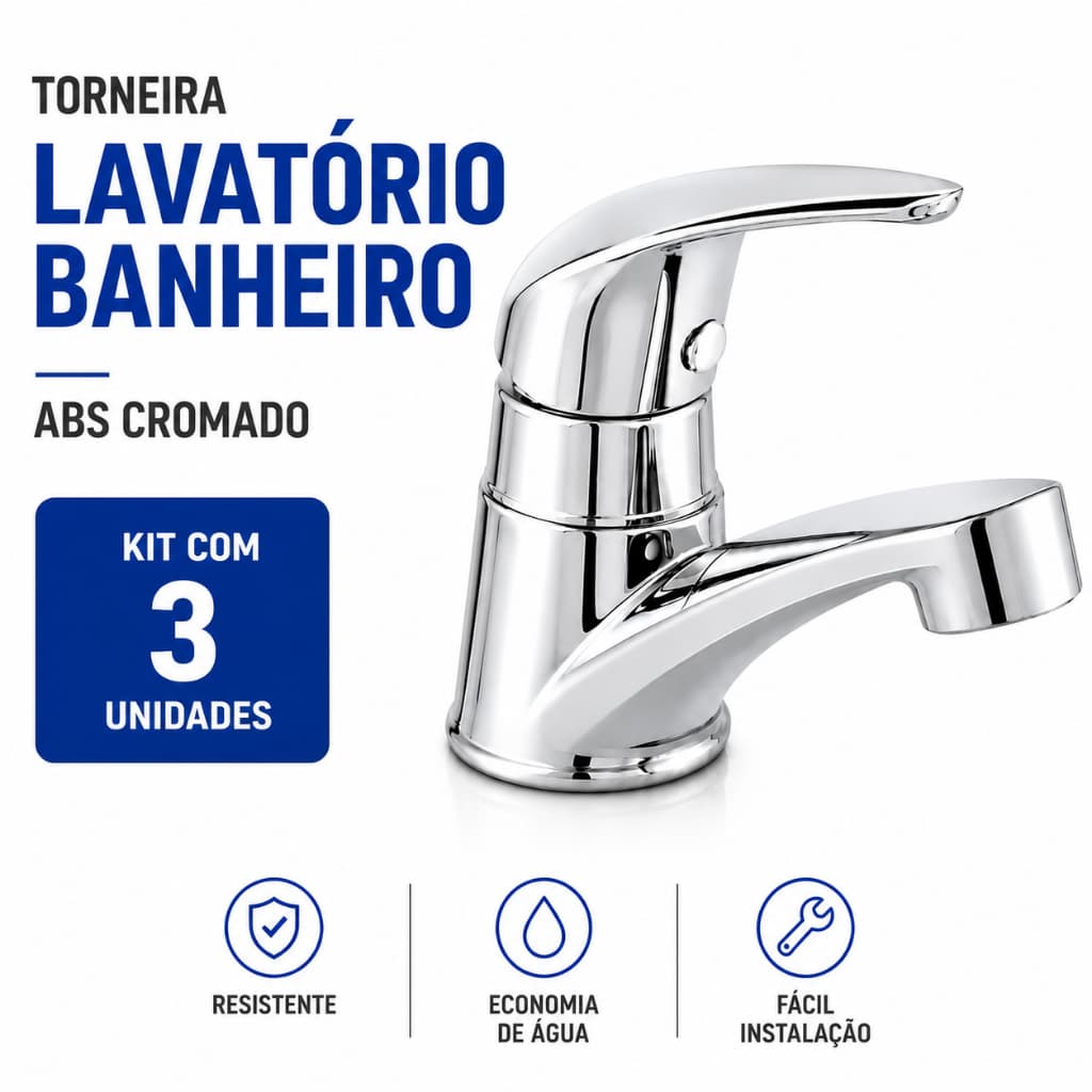 Torneira Lavatório Banheiro Abs Cromada | Torneira para Lavatório Banheiro | Kit 3 Unidades