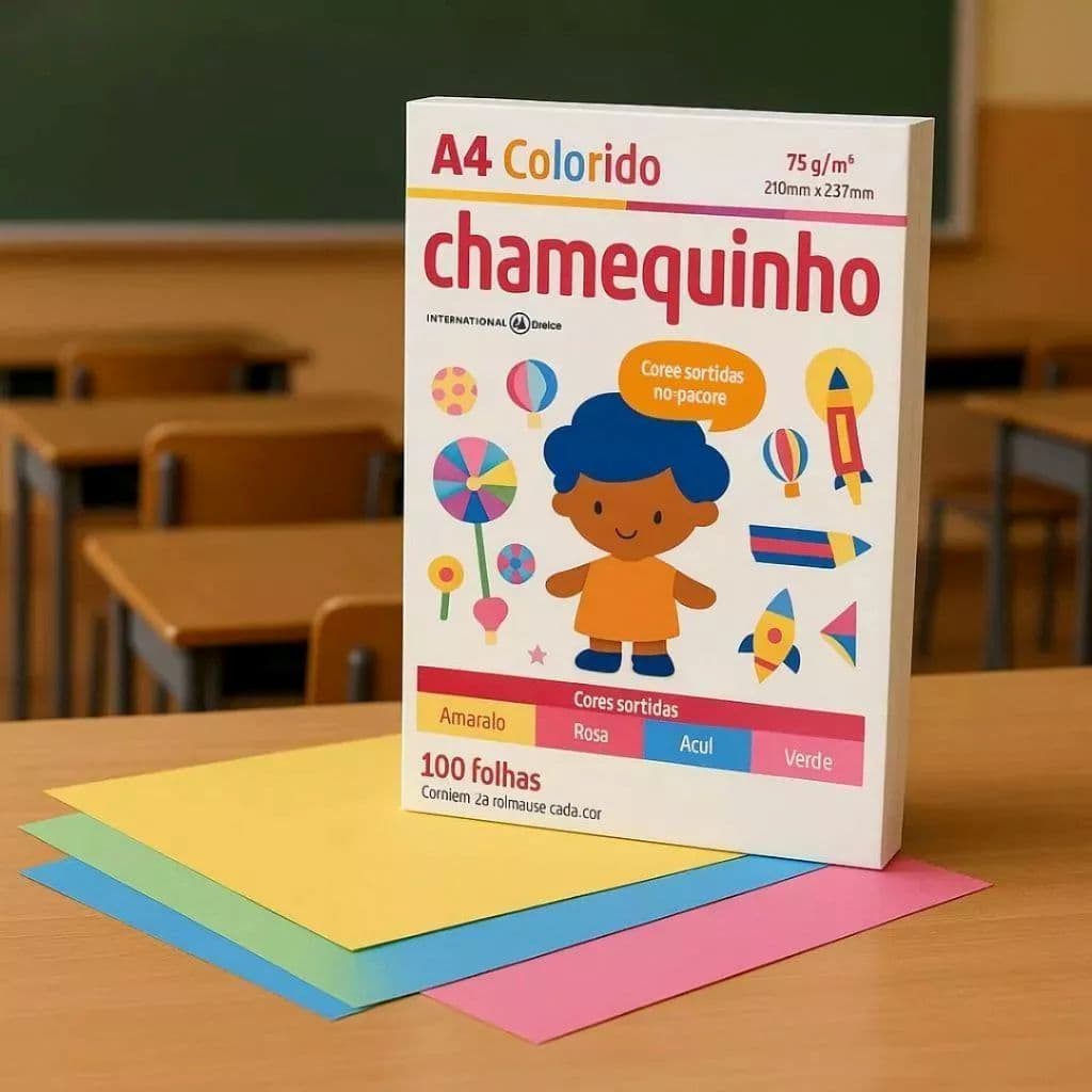 Papel Chamequinho A4 75g Colorido (Amarelo, Azul, Rosa e Verde) 100Fls Papel A4