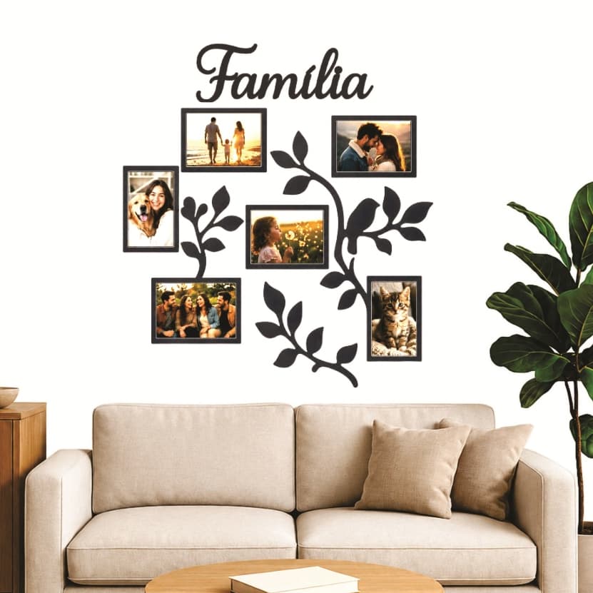 Porta Retrato de Parede em MDF 3mm Preto Fosco Vazado Família com 5 Espaços para Fotos 10x15cm