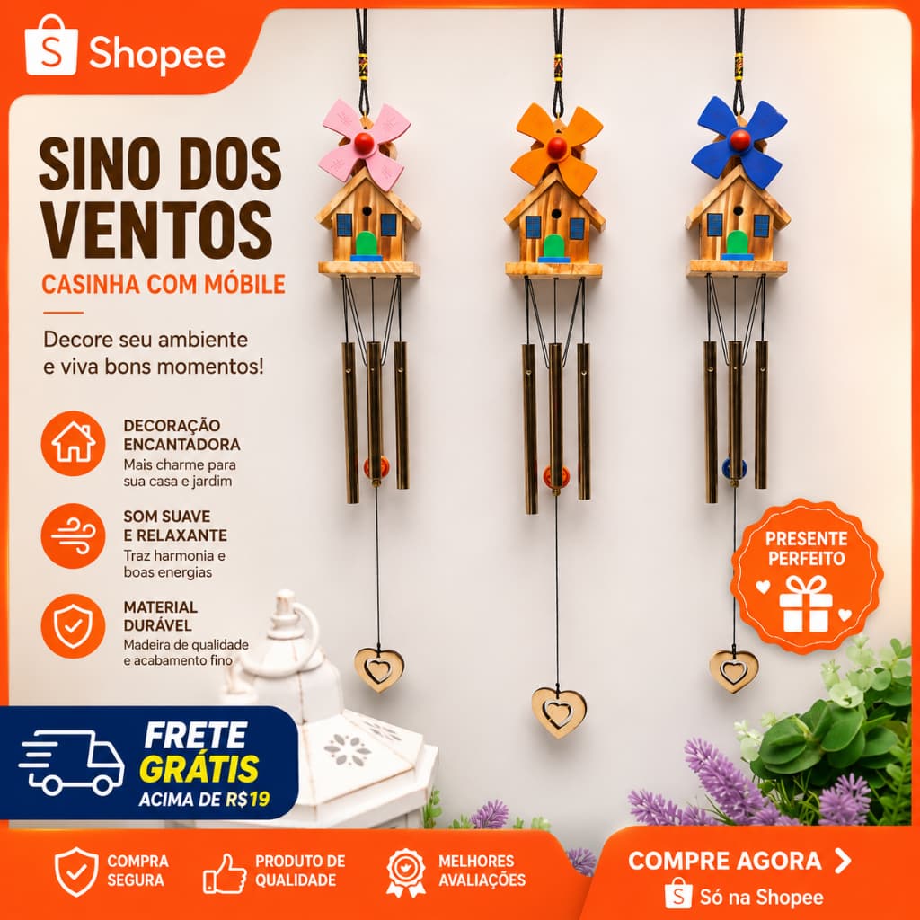 Sino dos Ventos Encantados com Casinha Colorida e Toque Suave para Jardim Alegre