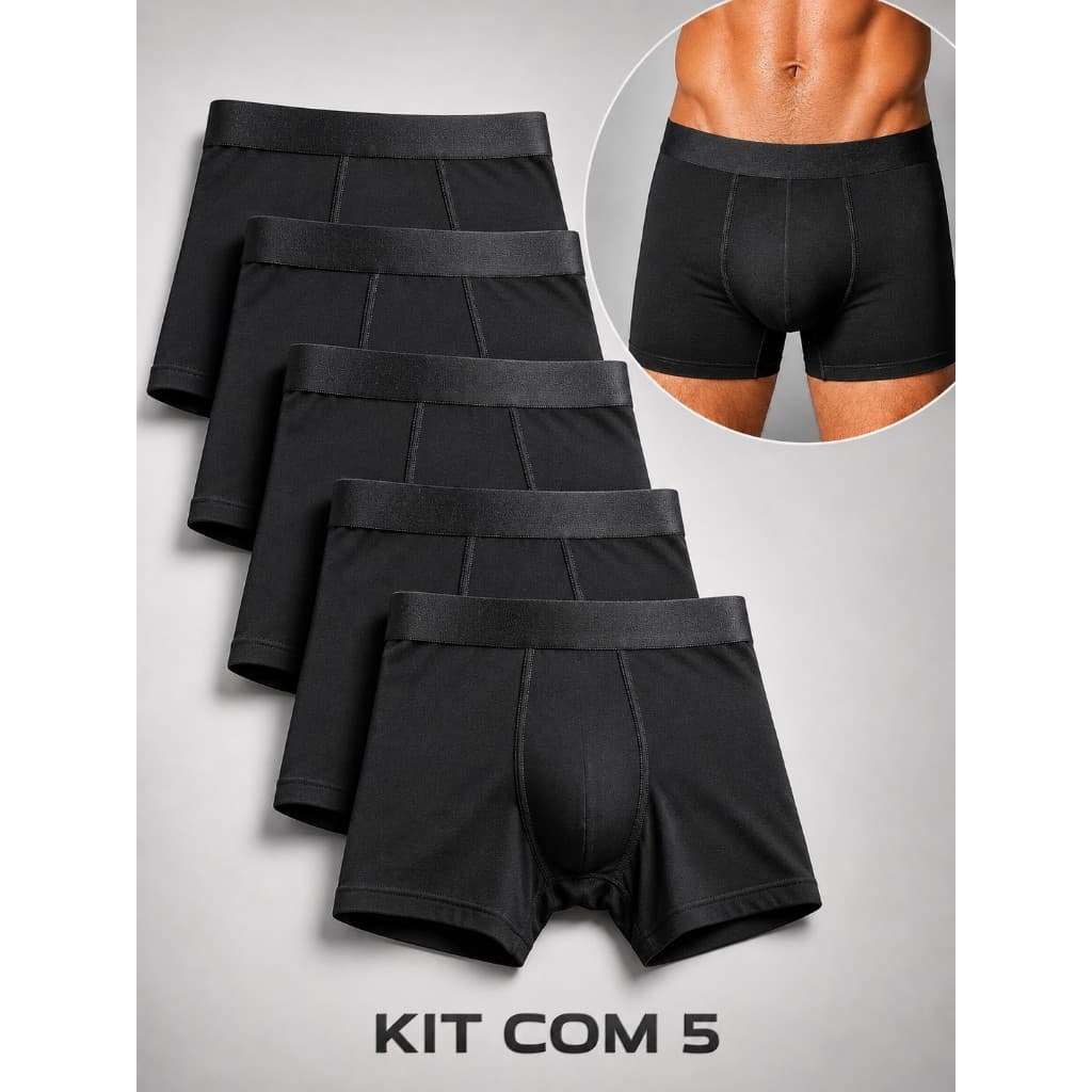 Kit Com 5 Cuecas Boxer De Microfibra Adulto Box Masculina Lisas Pretas