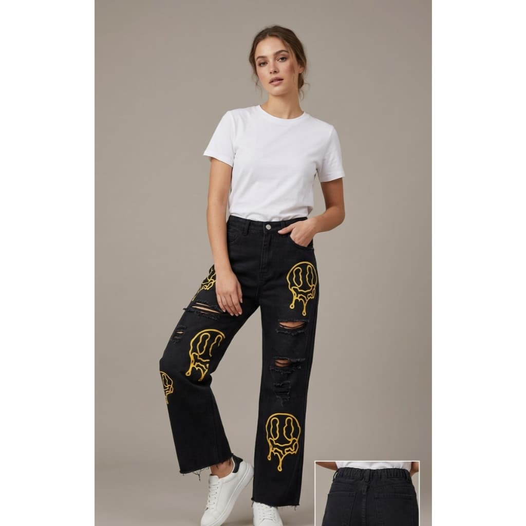 Calça Jeans Preta Wide Leg Feminina Jovem Blogueira Moderna Destroyed Pintura Estampada Skull Amarela