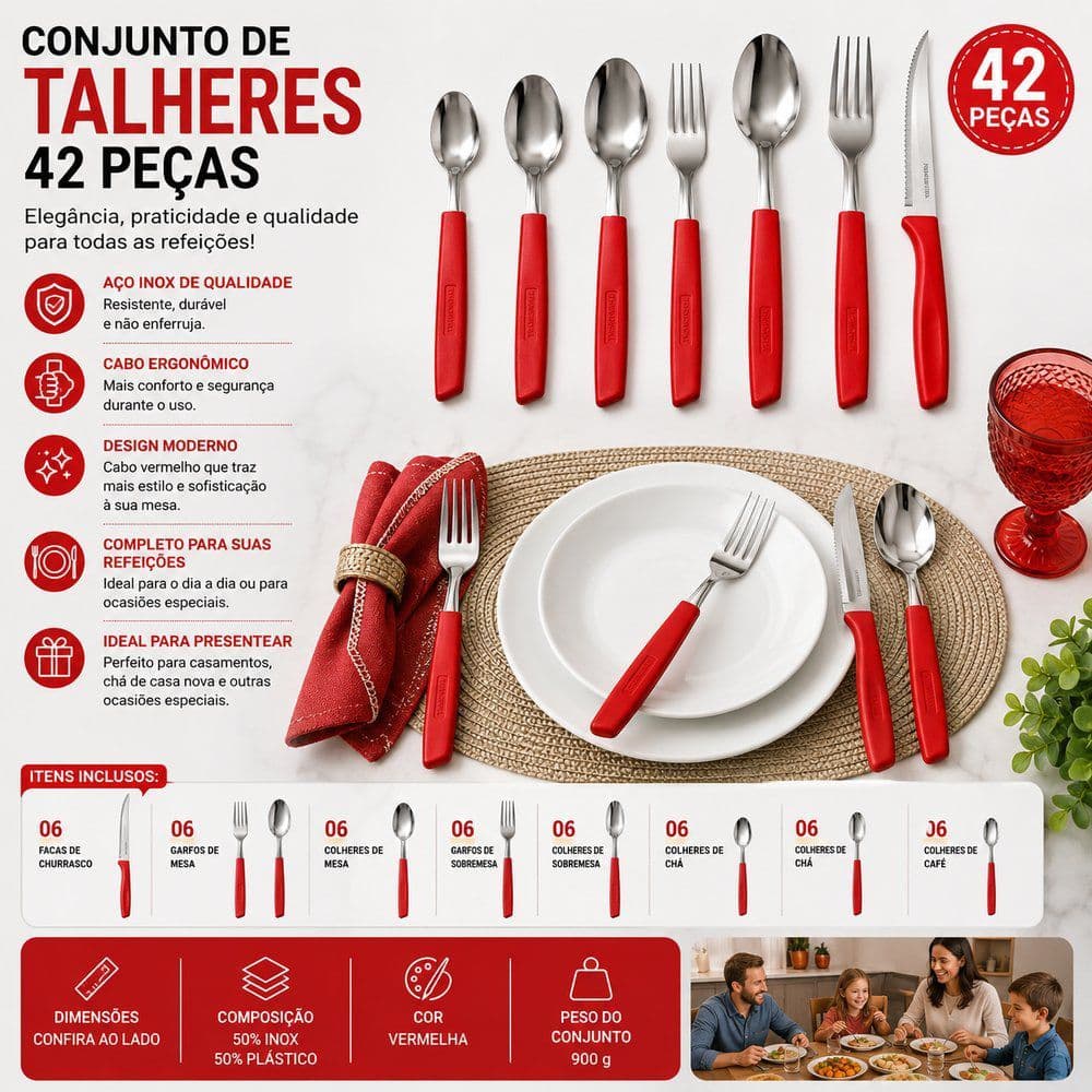 kit talheres 42 peças cabo conjunto vermelho inox e plástico cozinha mesa posta utensílios