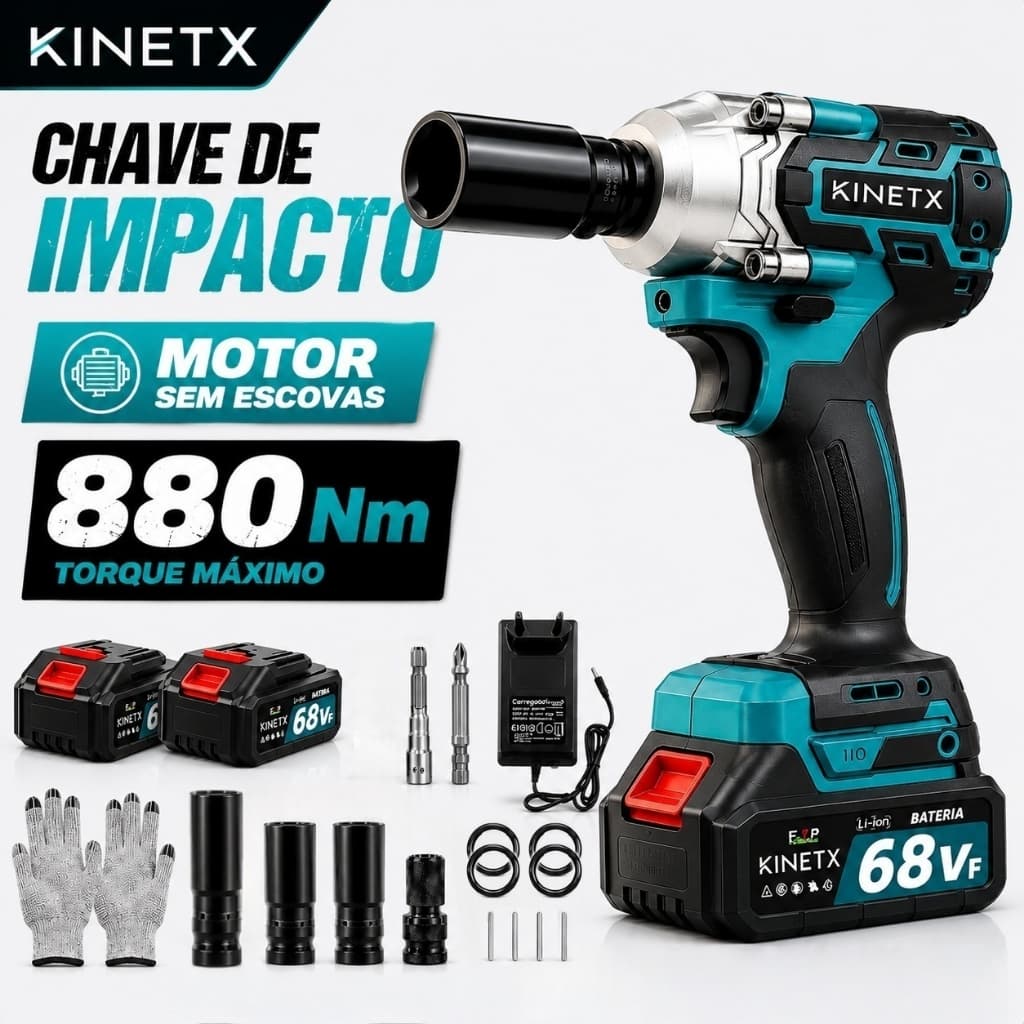 KINETX 880NM 68VF 3in1 Chave De Impacto Elétrica 2 Baterias Portátil Brushless 1/2'' Parafusadeira Furadeira