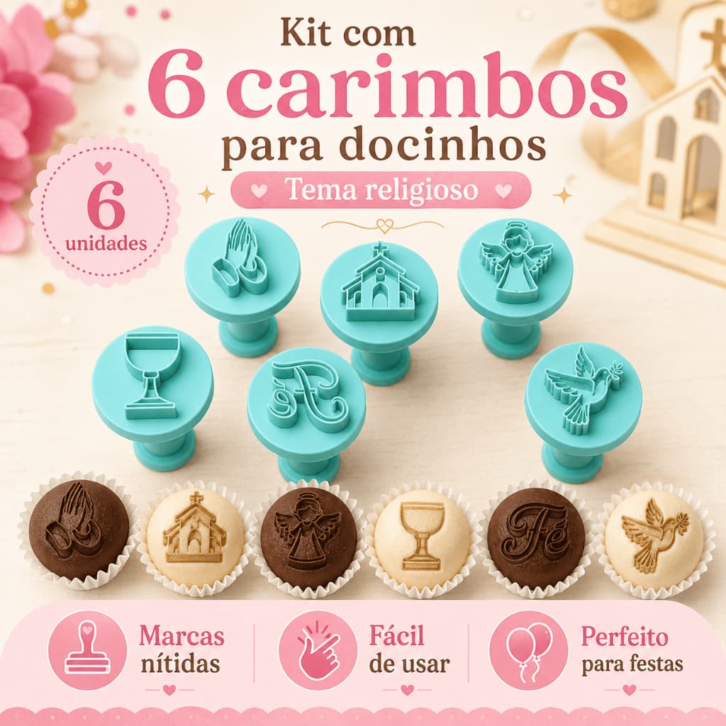 Kit 6 Carimbos Para Docinhos Religioso Batizado Comunhão Fé Lembrancinha