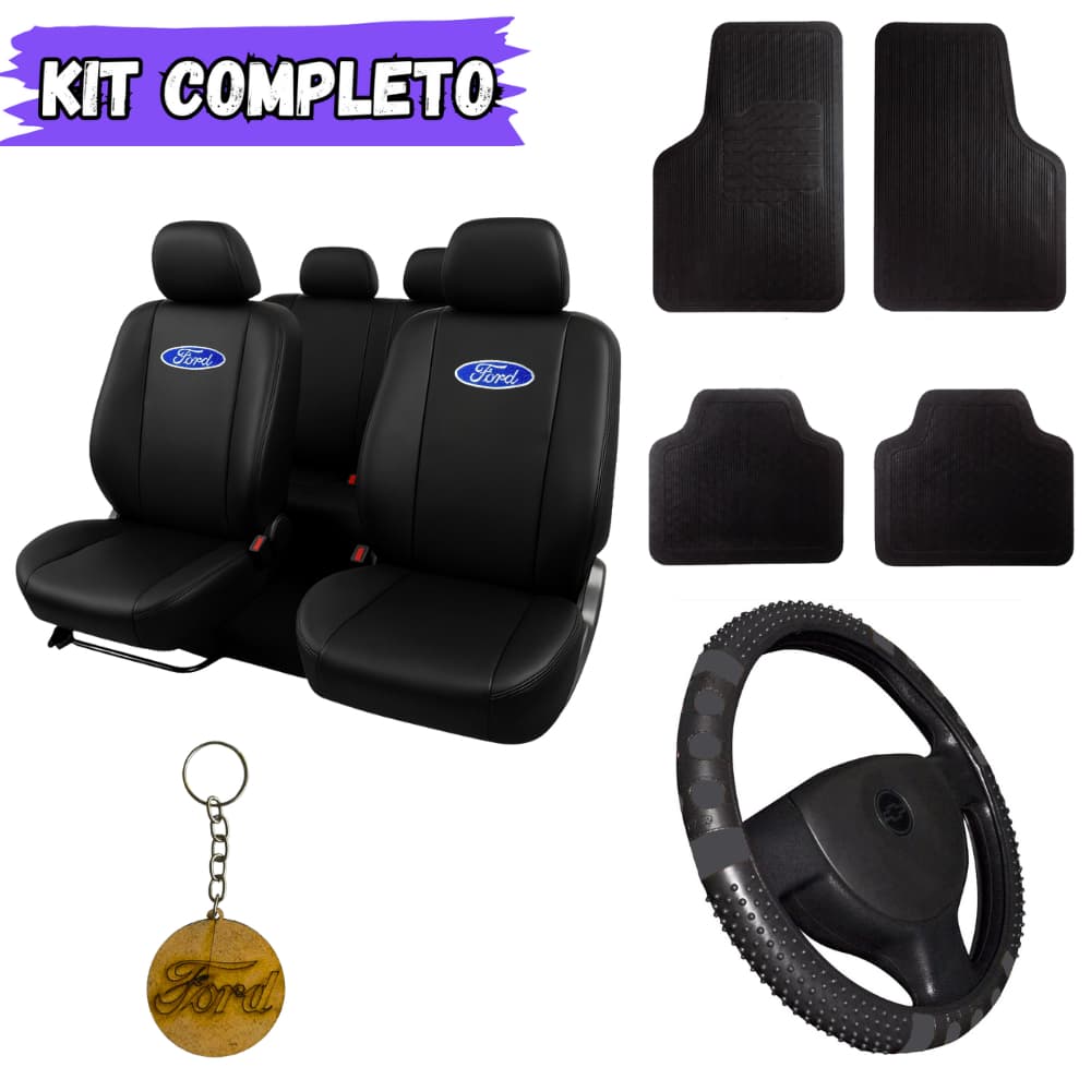 Kit Capas de Banco Couro+Tapete+Capa De Volante–Carro Ford New Fiesta Sedan Ecosport Focus Ka Escort