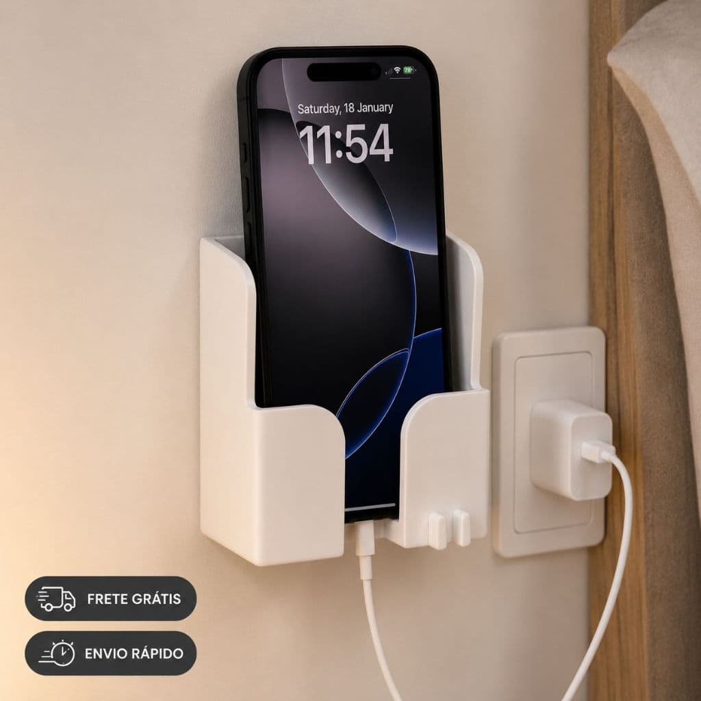 Suporte de Parede para Celular Carregador Organizador de Fio Sem Furos Branco e Preto