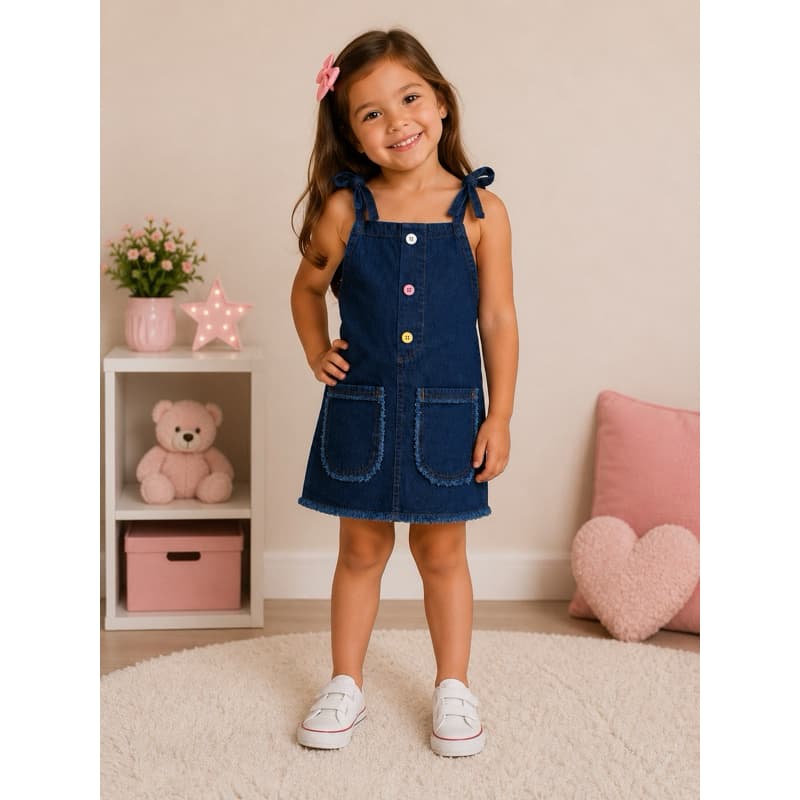 Vestido Jeans Infantil com Alças de Amarrar e Botões Frontais – Menina 1 a 5Anos 👗💙