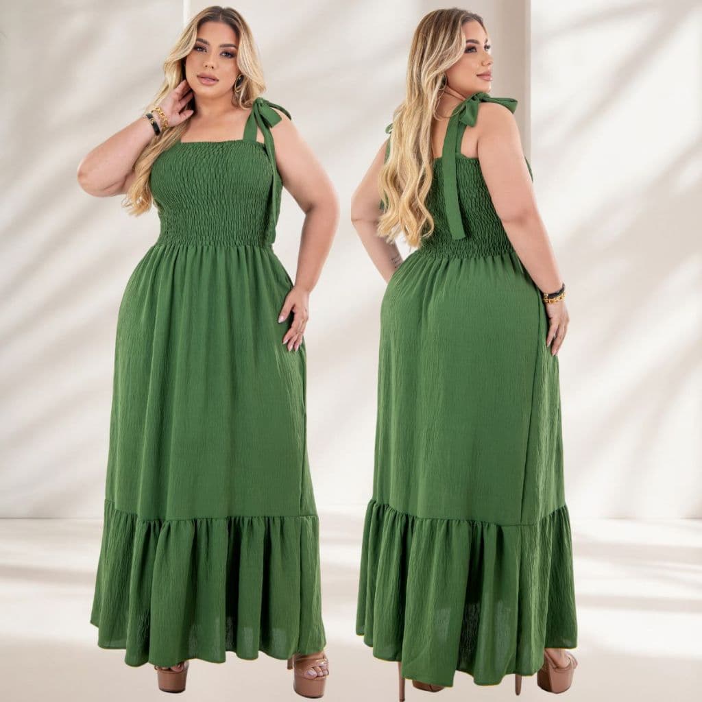 Vestido Plus Size Longo Feminino Soltinho com Lastex e Babado 1 Maria. Moda Maior 46 ao 54. Sofisticado e Moderno.
