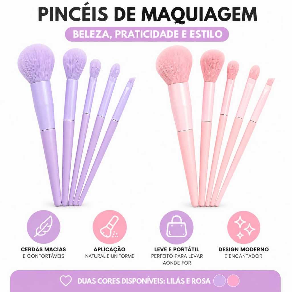 Kit 5 Pincéis de Maquiagem, Profissional Macio Para Pó Blush Base Sombra Rosa Lilás