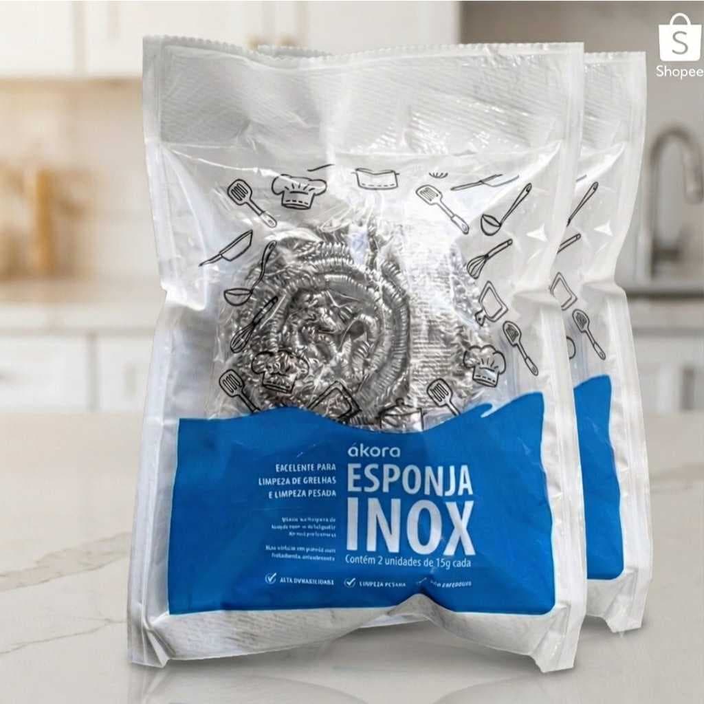 Kit Esponja Inox Limpeza Pesada de Louças Akora. Kit 2 unidades
