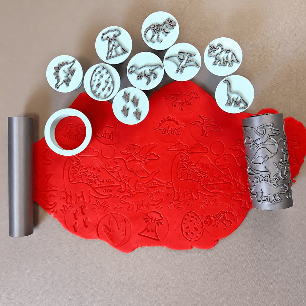 Kit Carimbos Tema Dinossauros + Rolos para Massinha – Dinossauros Educativos