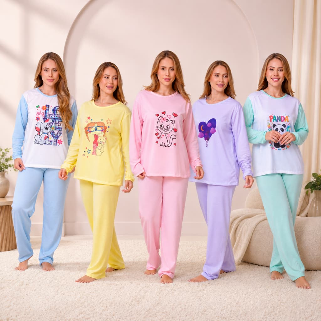 Pijama Longo Feminino Estampado Malha Macia Inverno Frio Dormir Confortável Manga Longa Fofo