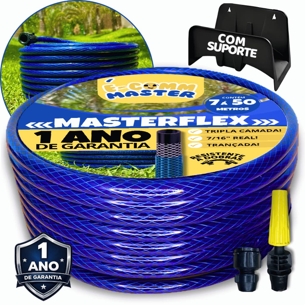 Kit Mangueira de Jardim Trançada Azul com Suporte, 7m á 50m, Reforçada, Tripla Camada, 7/16"