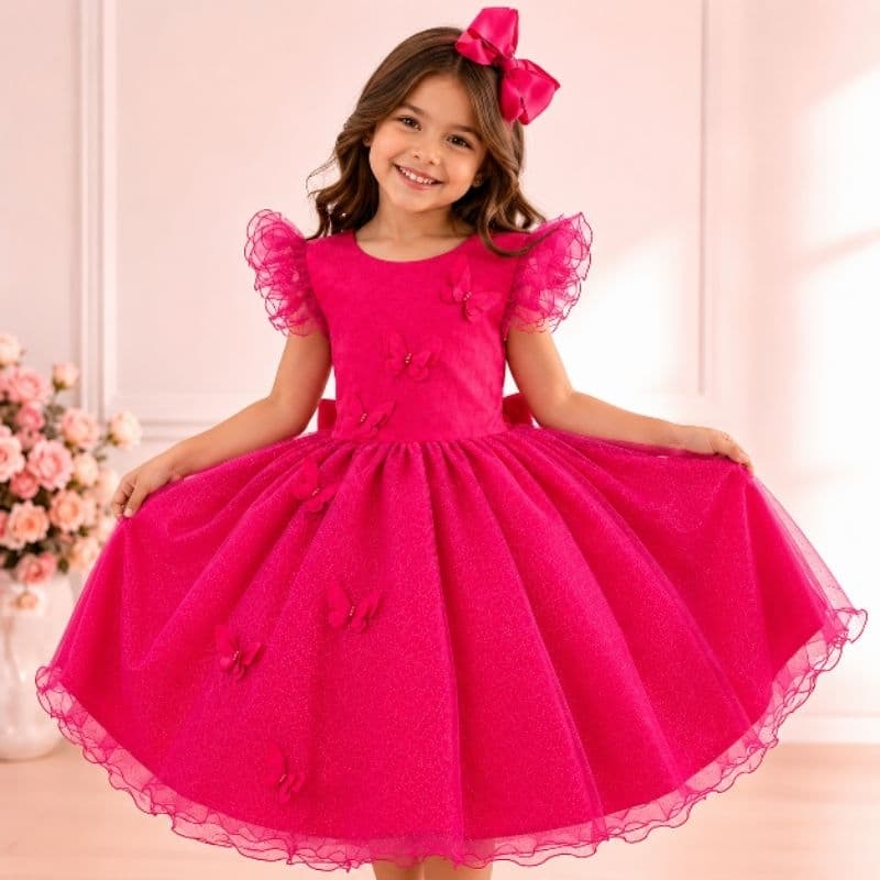 Vestido Infantil Rosa Pink Princesa Luxo com Borboletas Festa Aniversário Menina
