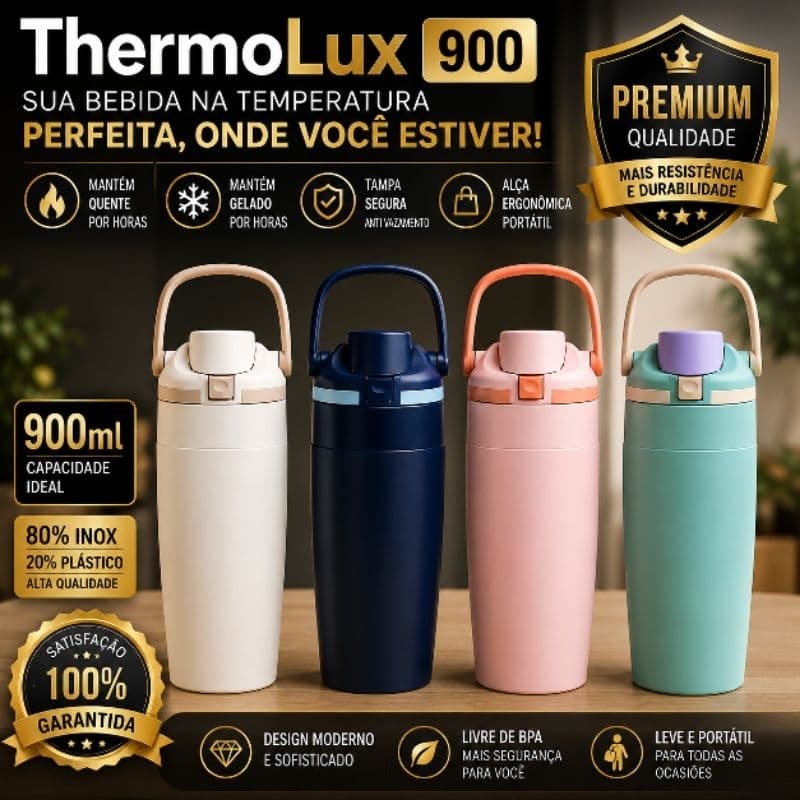 Garrafa Térmica 900ml Inox com Alça Portátil Mantém Quente e Gelado por Horas Tampa Anti Vazamento