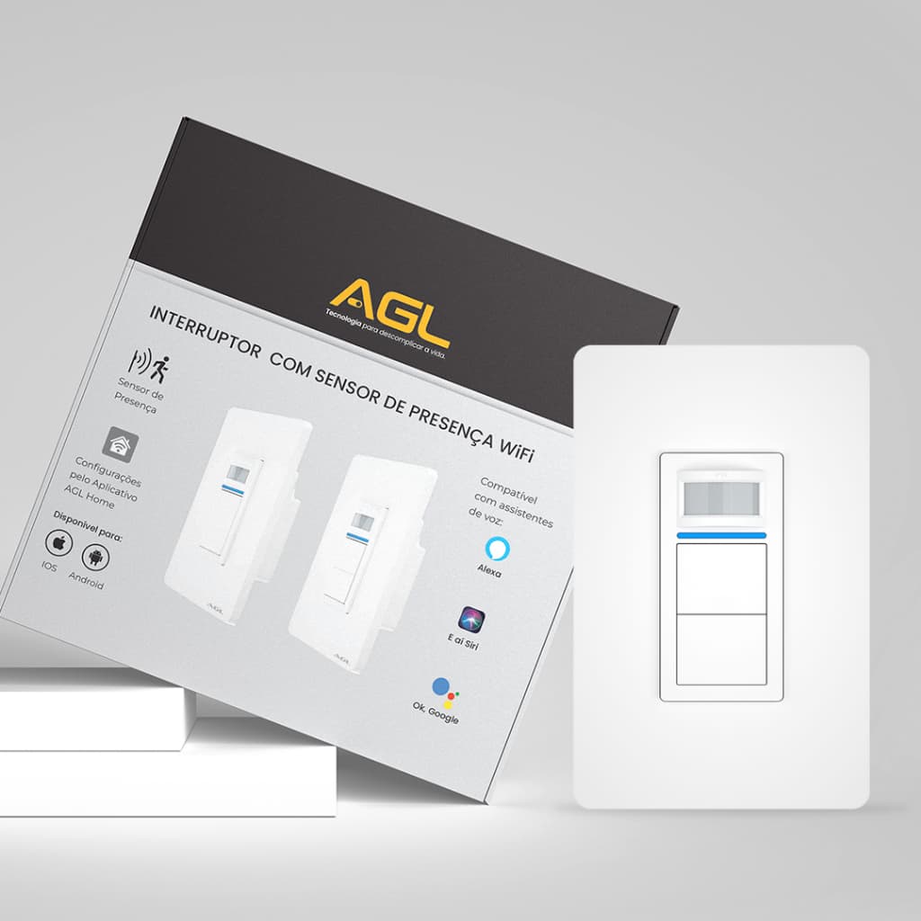 Interruptor inteligente com sensor de presença comando de voz e wifi 2 teclas AGL