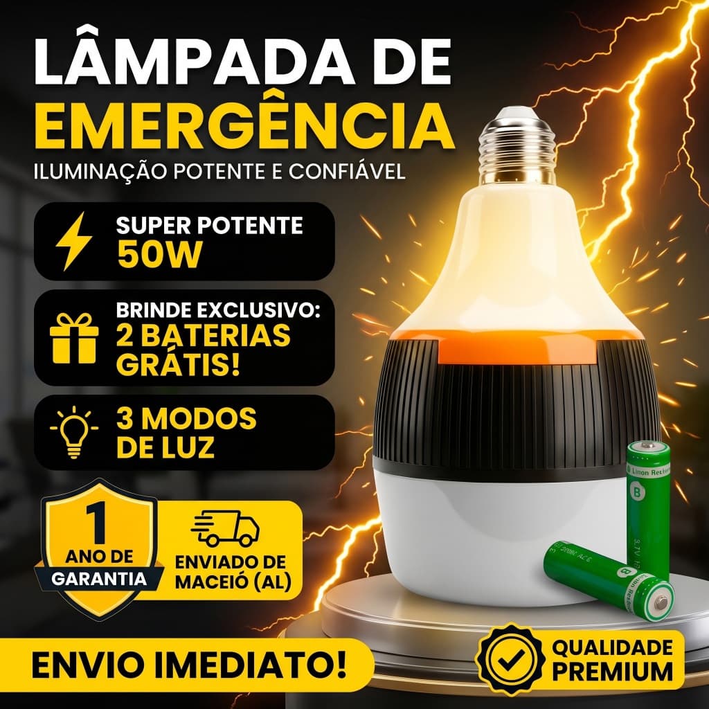 Lâmpada Recarregável 50W Bivolt Luminária De Emergência E27 Acende Sem Energia 6h