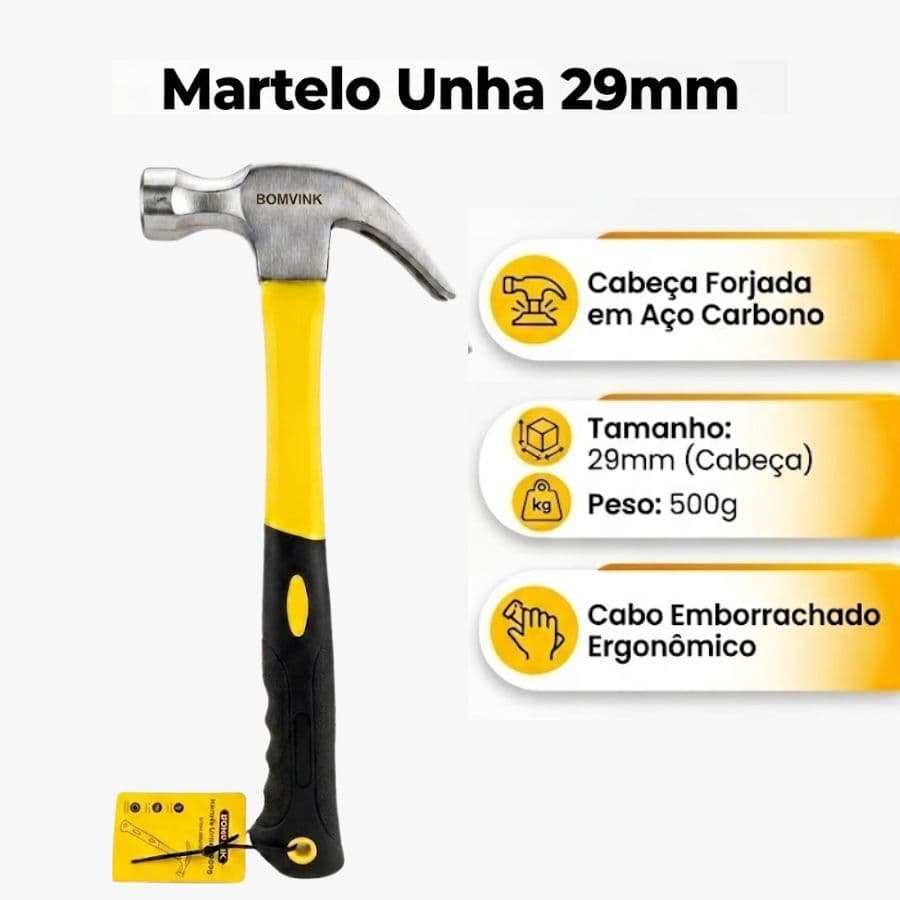 Martelo Profissional Unha 29mm Cabo Emborrachado Ergonômico Antivibração (kit com 1, 2 e 3 unidades)