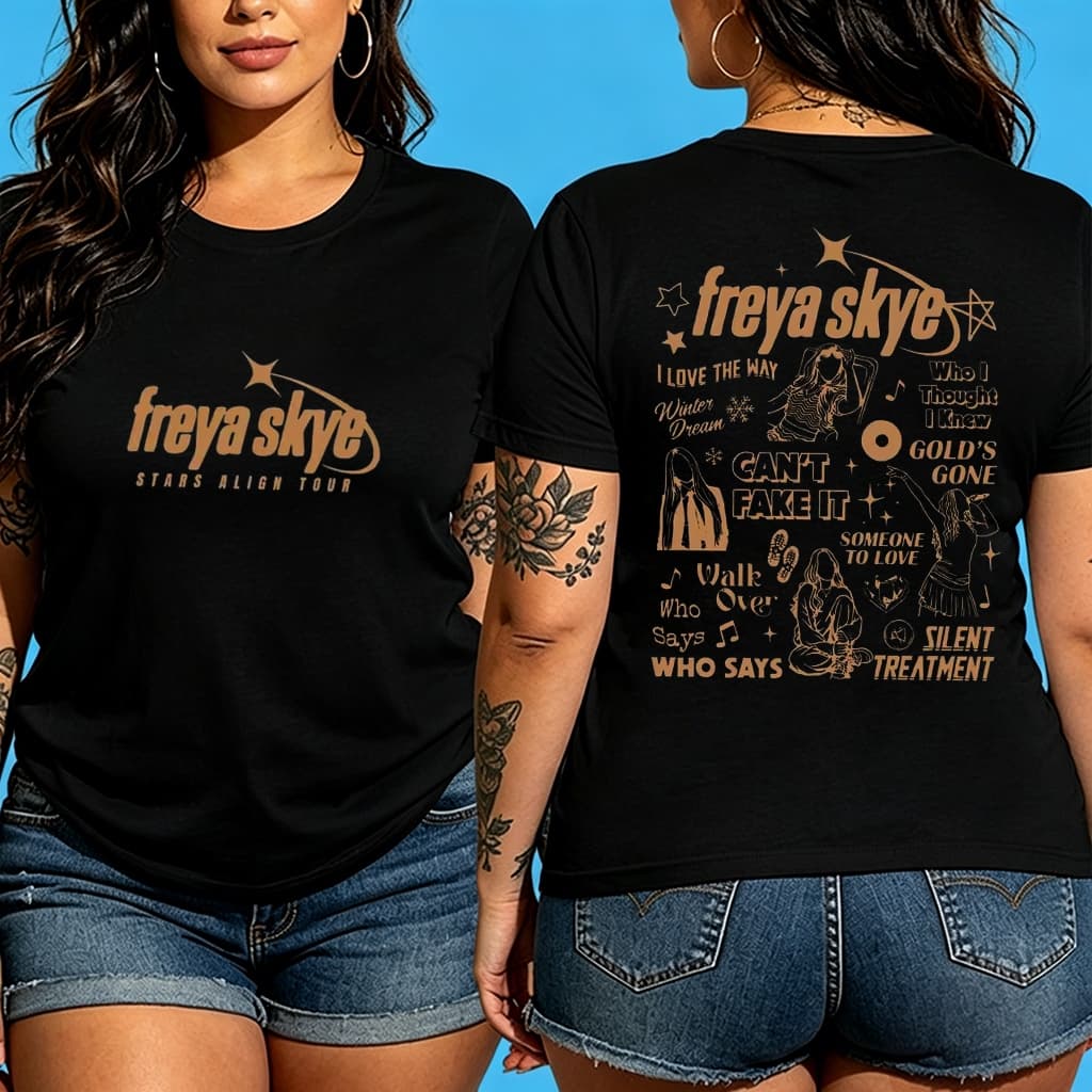 Camiseta Feminina Freya Skye Estampa Tour Stars Align 100% Algodão Preta Plus Size Oversized