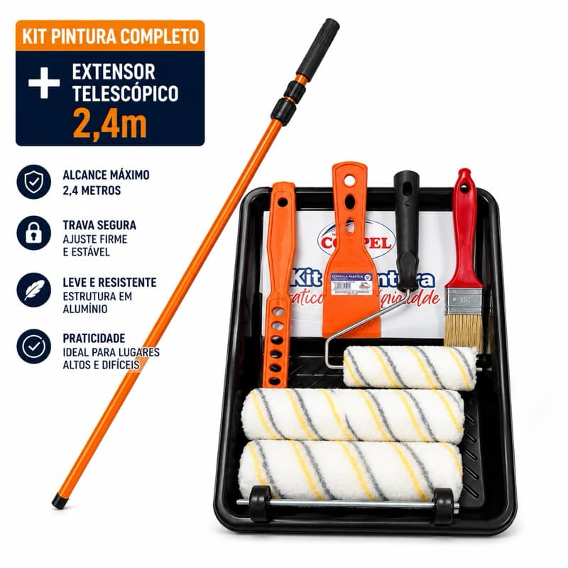 Kit Pintura de Parede Profissional 9 Peças Compel Sem Respingo + Extensor Telescópico 2,4m Completo