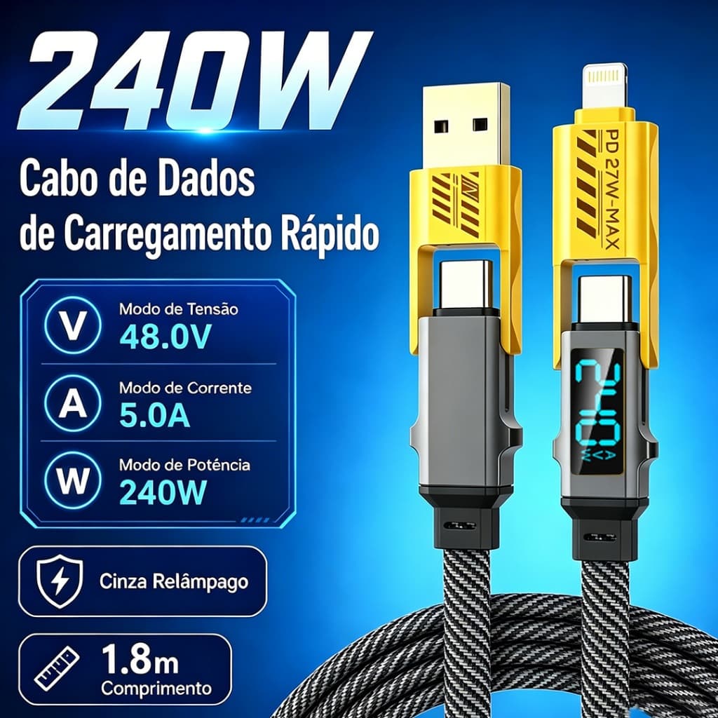 Cabo Carregamento Rápido 240W 4 em 1 com Tela Digital, USB-A e Tipo-C PD para Celular