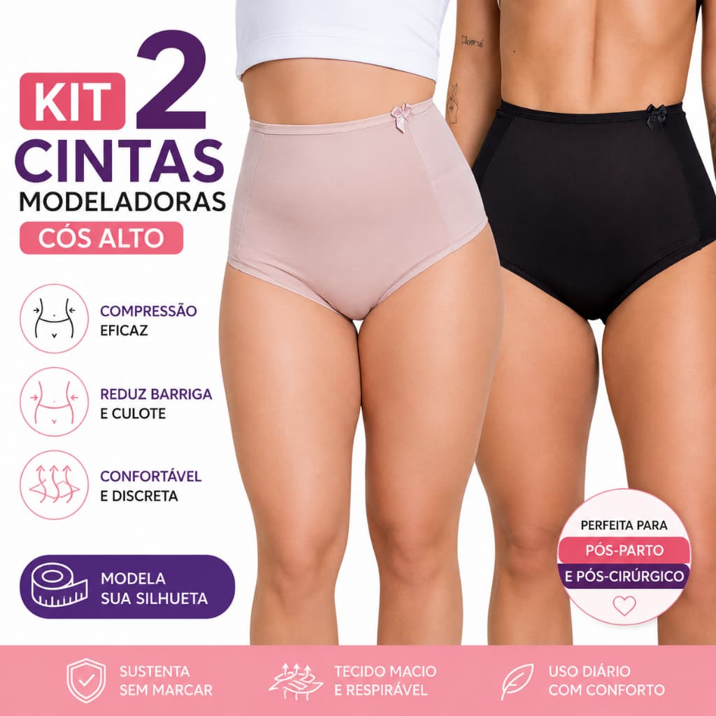 Kit 2 Calcinhas Cinta Modeladora Cós Alto Compressão Pós-Parto Pós-Cirúrgica Reduz Barriga e Culote